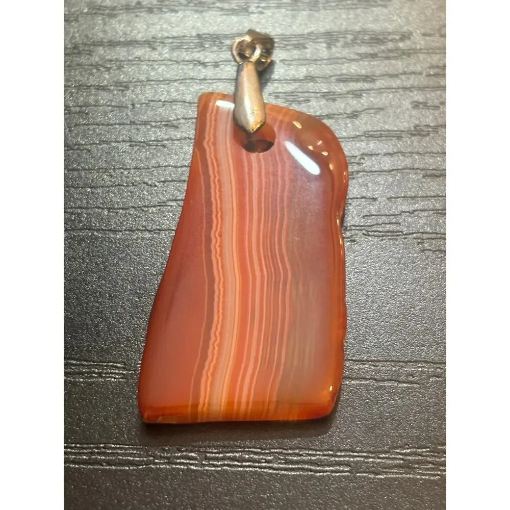 Banded Agate Genuine Stone Pendant Silver Tone